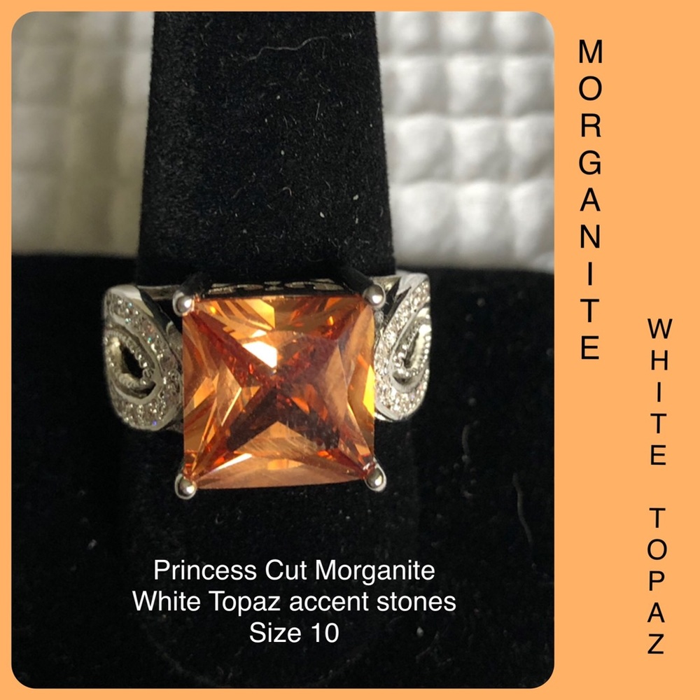 Morganite Princess Cut White Topaz Ring SZ 10